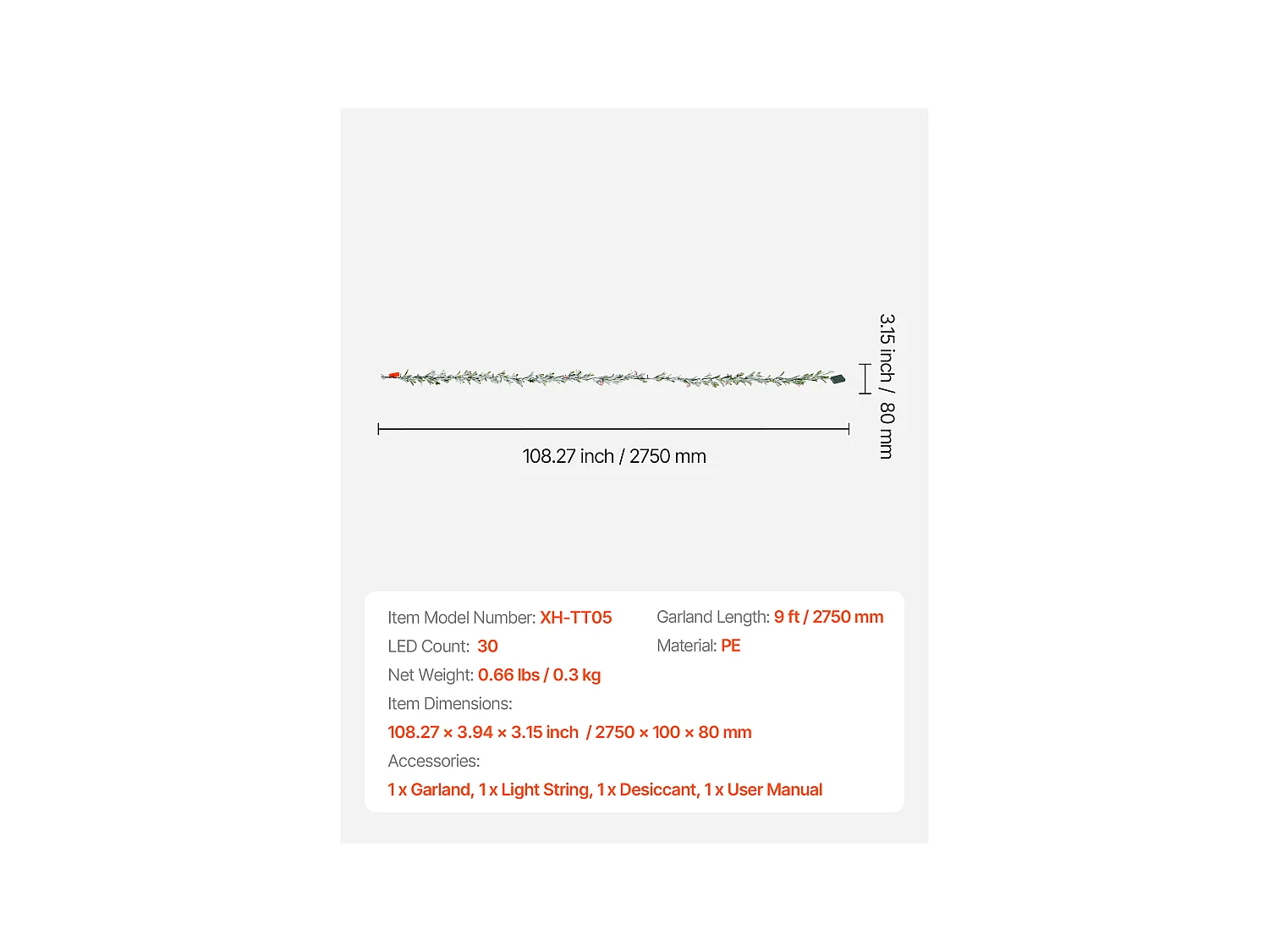 Ghirlanda di Natale SucceBuy, 2,7 m, Ghirlanda di Foglie di Ulivo Artificiale Luminosa, Decorazione Natalizia Verde, con Bacche Rosse, per Mensola del Camino