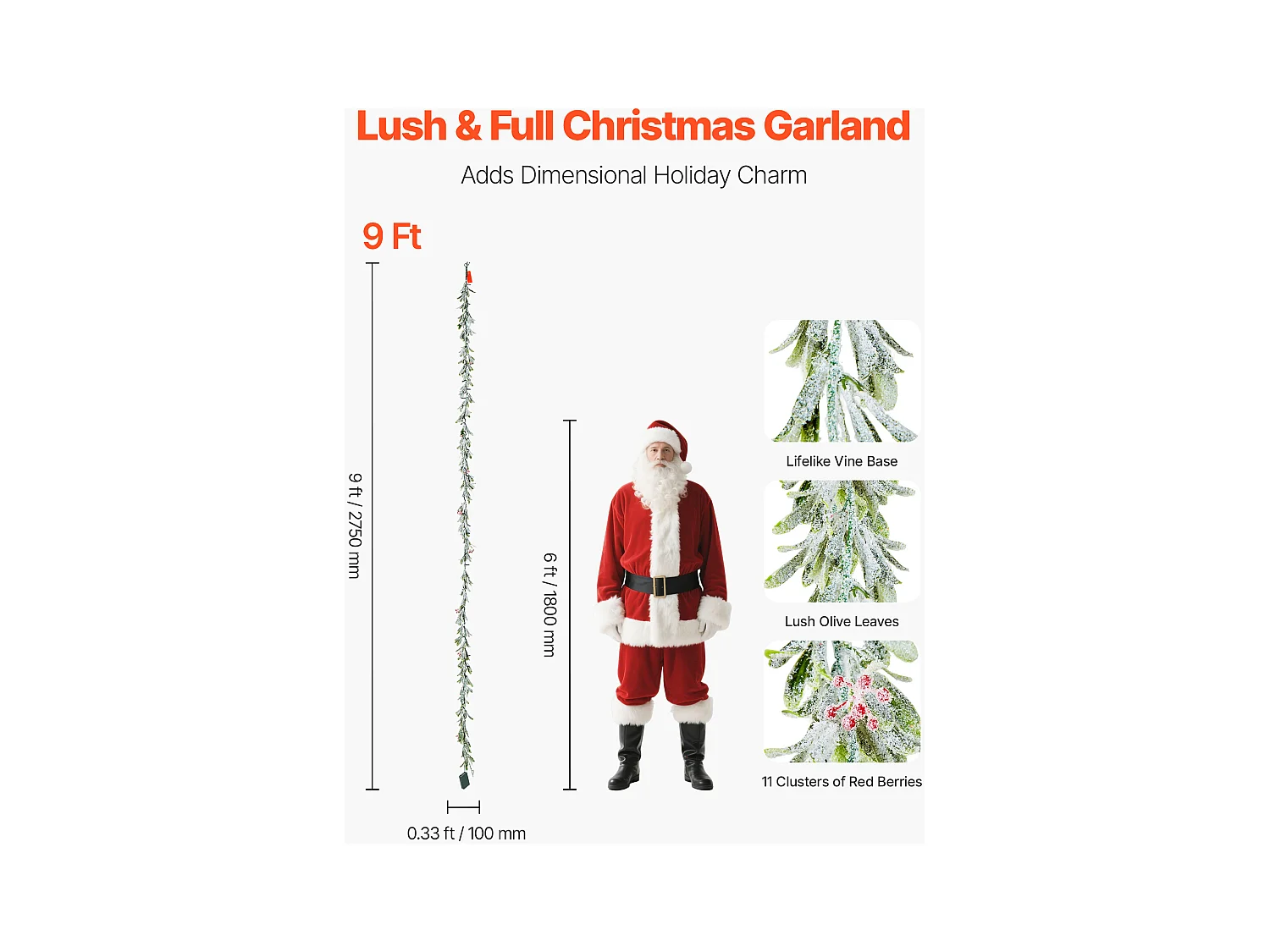 Ghirlanda di Natale SucceBuy, 2,7 m, Ghirlanda di Foglie di Ulivo Artificiale Luminosa, Decorazione Natalizia Verde, con Bacche Rosse, per Mensola del Camino