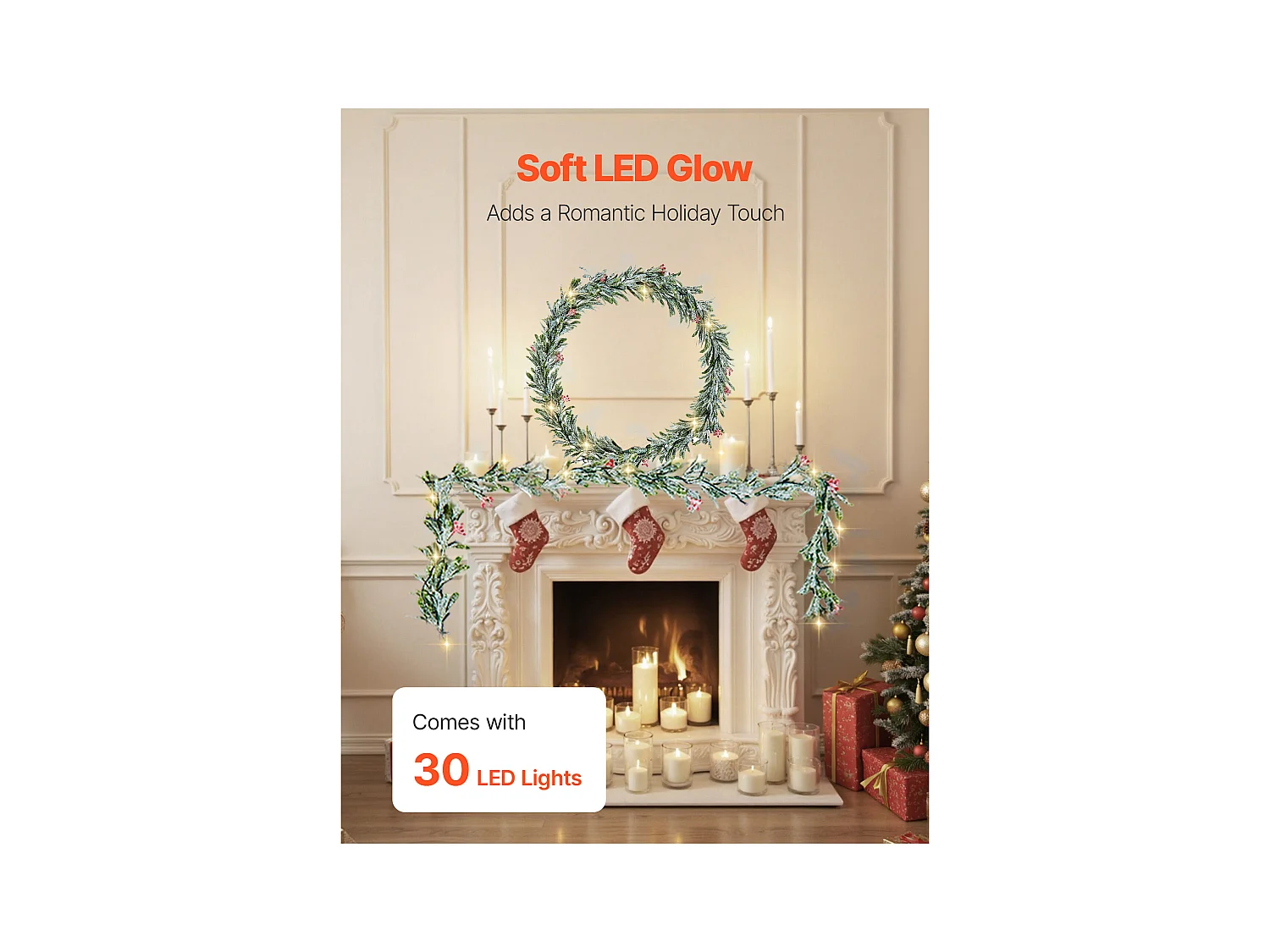 Ghirlanda di Natale SucceBuy, 2,7 m, Ghirlanda di Foglie di Ulivo Artificiale Luminosa, Decorazione Natalizia Verde, con Bacche Rosse, per Mensola del Camino