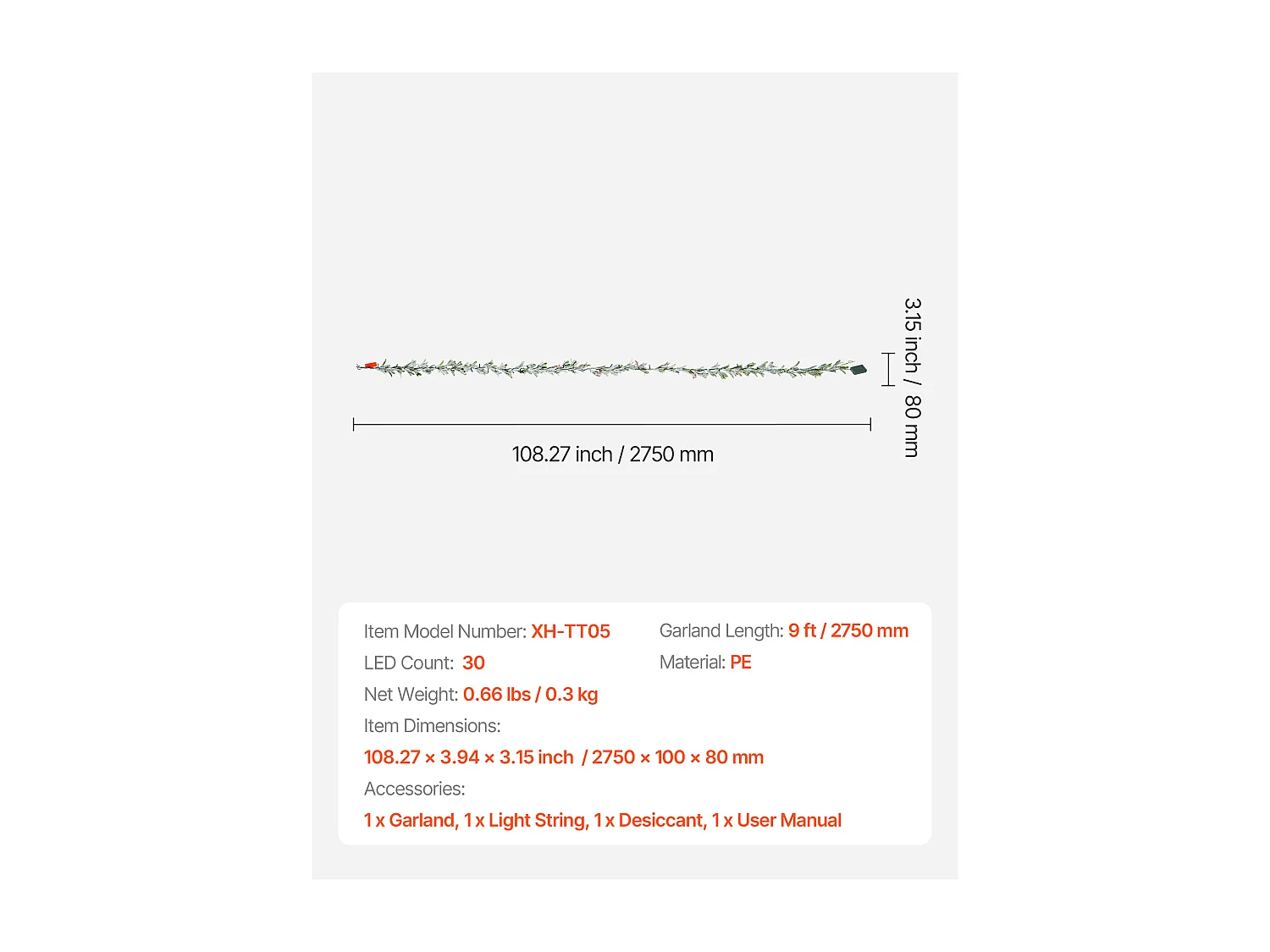 Kerstkrans SucceBuy, 2,7 m, Lichtgevende Kunstmatige Olijfbladerenkrans, Groene Kerstdecoratie, met Rode Bessen, voor Schoorsteenmantel