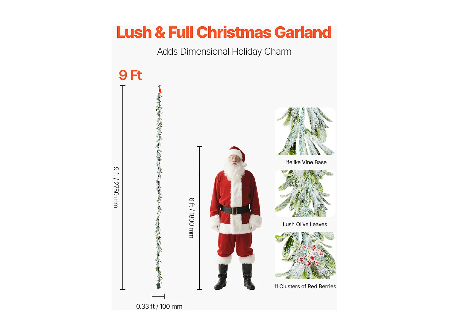 Kerstkrans SucceBuy, 2,7 m, Lichtgevende Kunstmatige Olijfbladerenkrans, Groene Kerstdecoratie, met Rode Bessen, voor Schoorsteenmantel