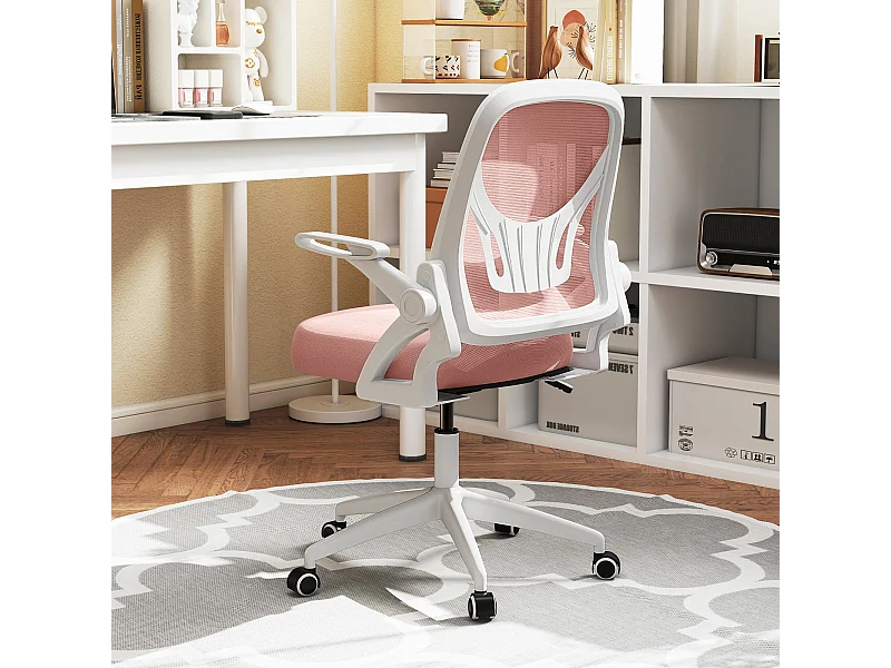 Chaise de Bureau Ergonomique en Résille avec Soutien Lombaire et Accoudoirs Relevables Conception Pivotante et Réglable en Hauteur Rose