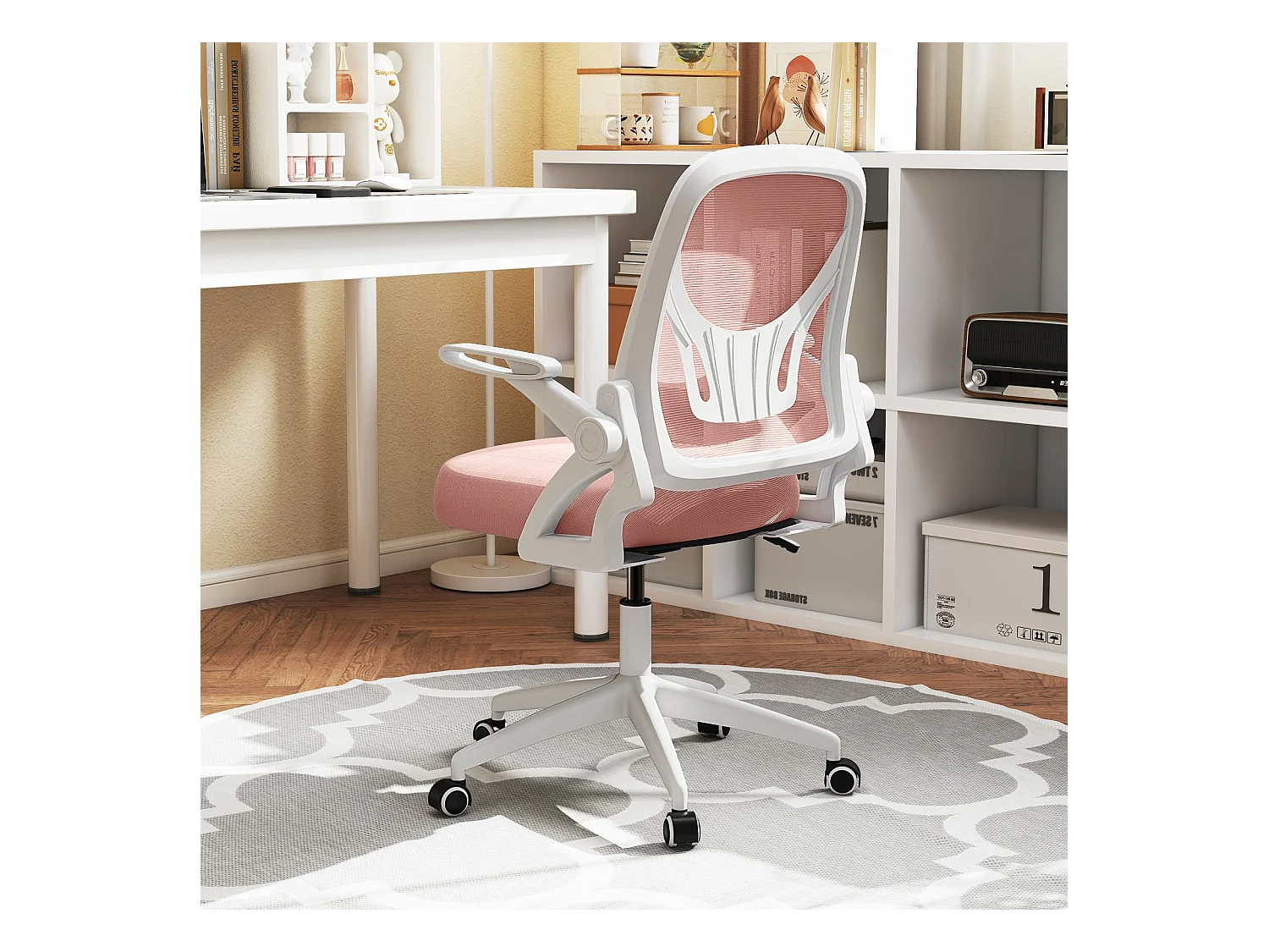 Chaise de Bureau Ergonomique en Résille avec Soutien Lombaire et Accoudoirs Relevables Conception Pivotante et Réglable en Hauteur Rose