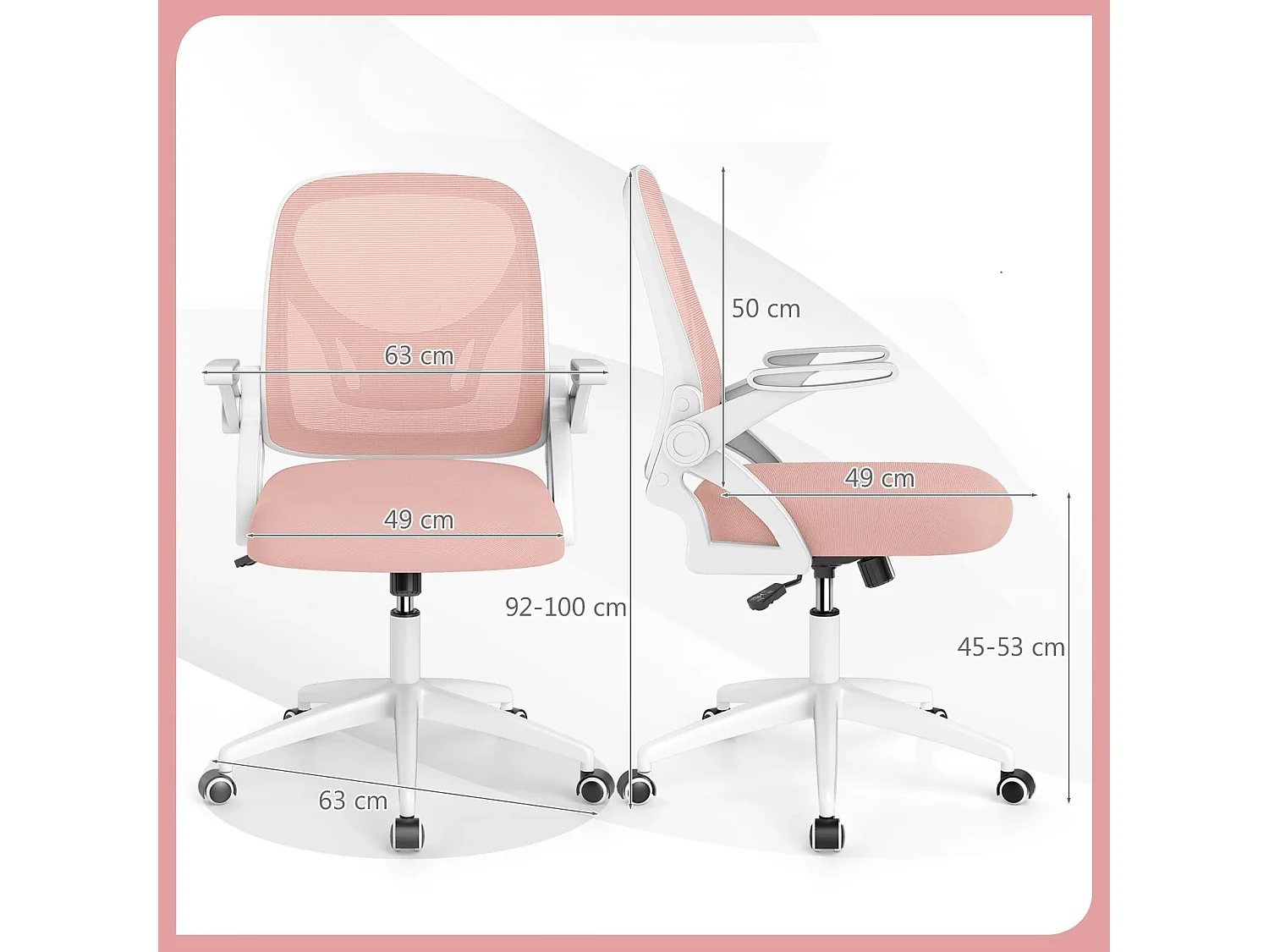 Sedia da scrivania ergonomica in rete con supporto lombare e braccioli ribaltabili, Sedia da lavoro girevole Rosa