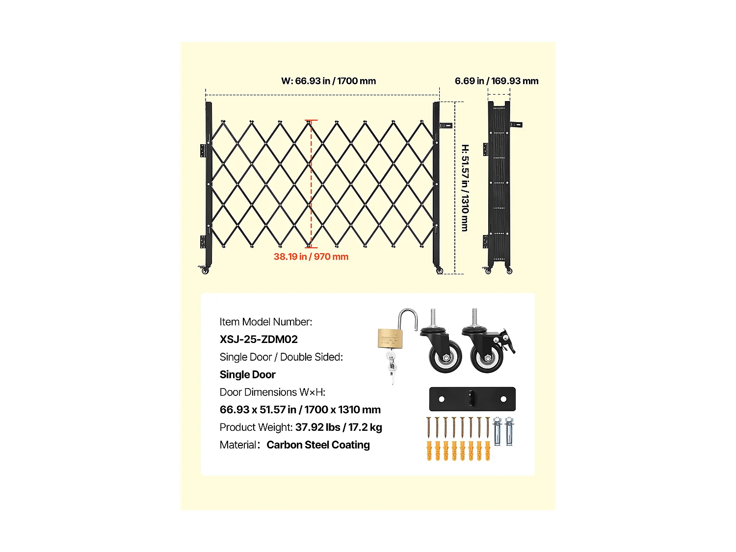 Barriera di Sicurezza SucceBuy Estensibile di 170 x 131 cm, Cancello a Forbice Singolo, Bloccabile e Retrattile, in Acciaio Solido, per Ingresso, Garage