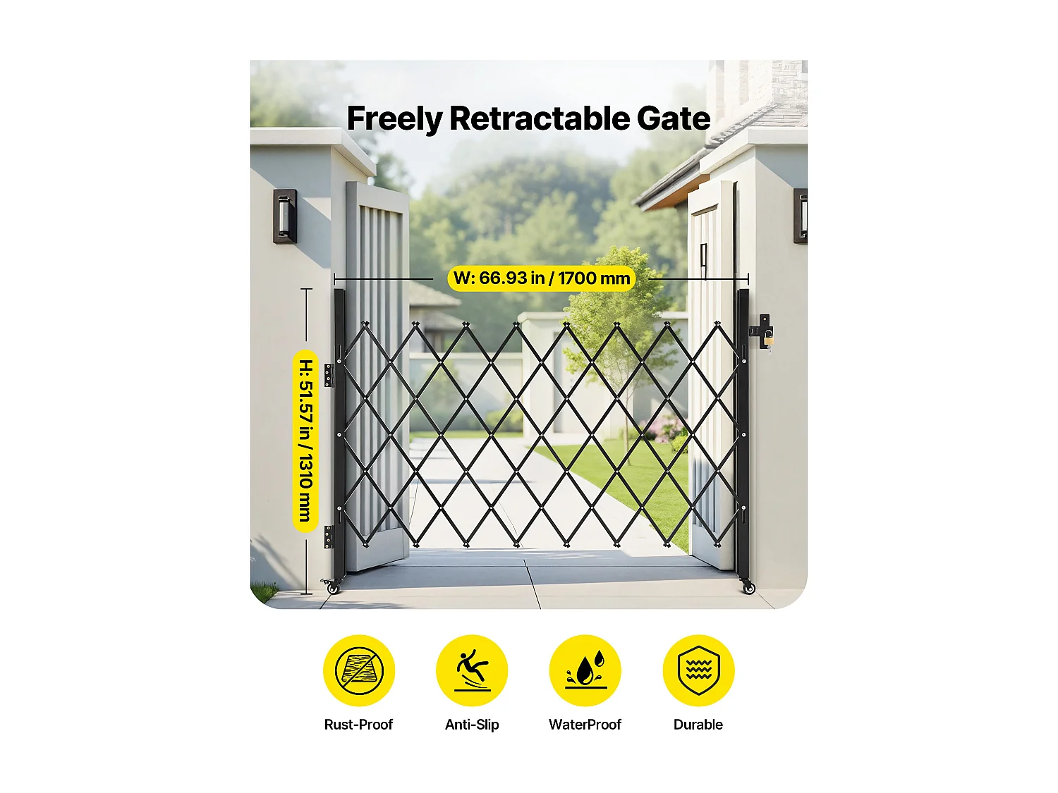 Barriera di Sicurezza SucceBuy Estensibile di 170 x 131 cm, Cancello a Forbice Singolo, Bloccabile e Retrattile, in Acciaio Solido, per Ingresso, Garage