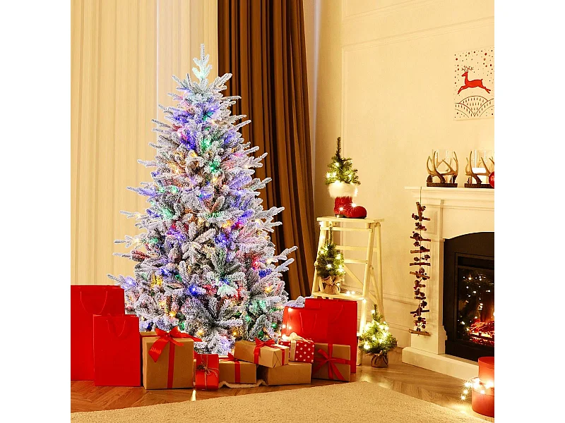 Albero di Natale artificiale rivestito di neve di 147cm, Albero decorativo con cerniera e 8 modalità luminose