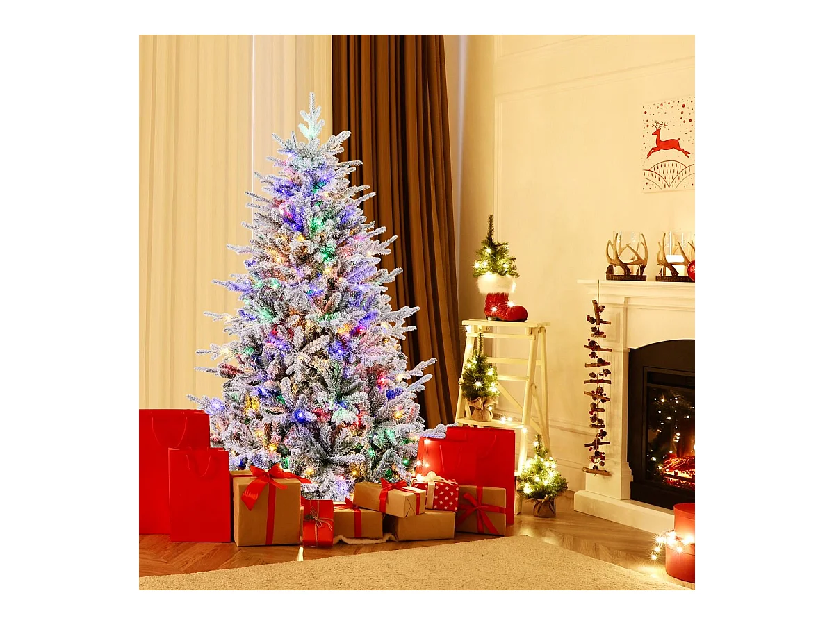 Albero di Natale artificiale rivestito di neve di 147cm, Albero decorativo con cerniera e 8 modalità luminose