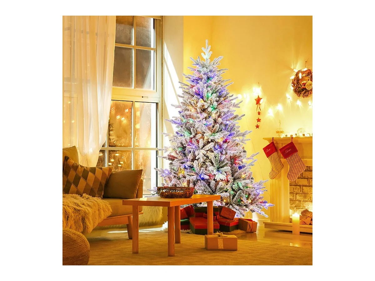Albero di Natale artificiale rivestito di neve di 147cm, Albero decorativo con cerniera e 8 modalità luminose