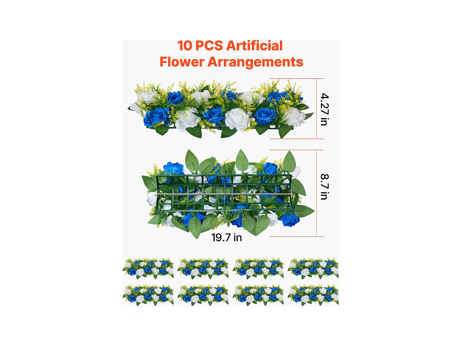 Composition Florale SucceBuy Artificielle Linéaire, Lot de 10, Fleurs Artificielles avec Roses Bleues et Blanches, pour Centre de Table, Mariage, Fête
