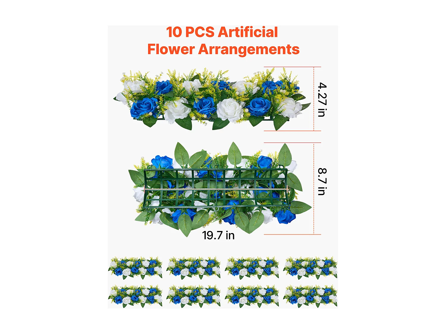 Composizione Floreale SucceBuy Artificiale Lineare, Lotto di 10, Fiori Artificiali con Rose Blu e Bianche, per Centrotavola, Matrimonio, Festa