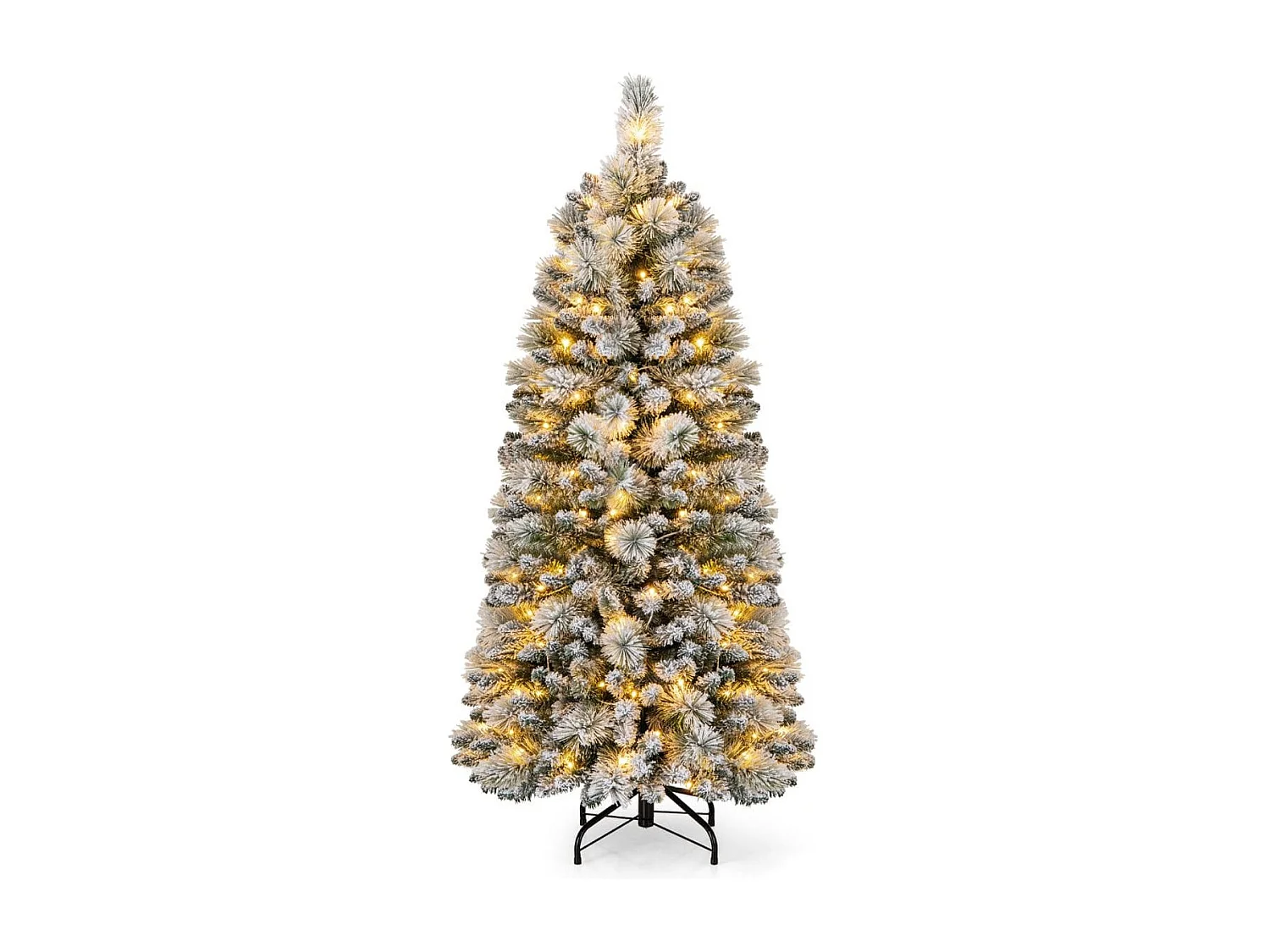 Sapin de Noël Floqué de 150 cm Arbre de Noël avec Aiguilles de Pin 378 Pointes de Branches 130 Lumières LED Blanc Chaud Section Pliable