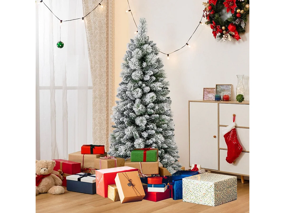 Sapin de Noël Floqué de 150 cm Arbre de Noël avec Aiguilles de Pin 378 Pointes de Branches 130 Lumières LED Blanc Chaud Section Pliable