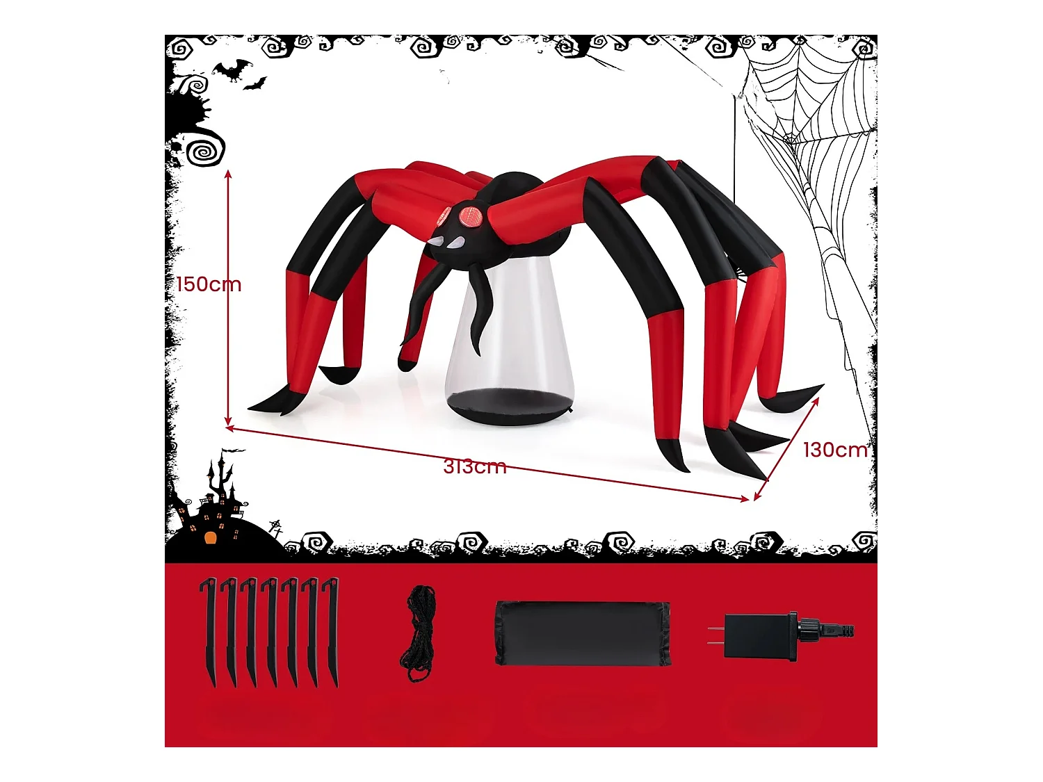 313 cm di lunghezza per Halloween Ragno gonfiabile decorazione spettrale con occhi rossi a tunnel luminoso e luce LED