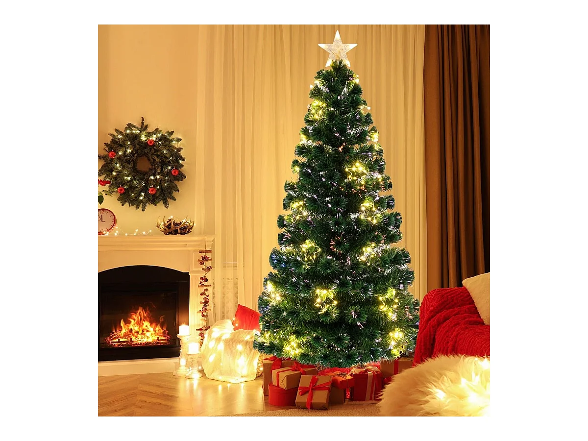 Albero di Natale in fibra ottica da 180cm pre-illuminato con luci a stringa stella sulla cima, Albero Natale artificiale