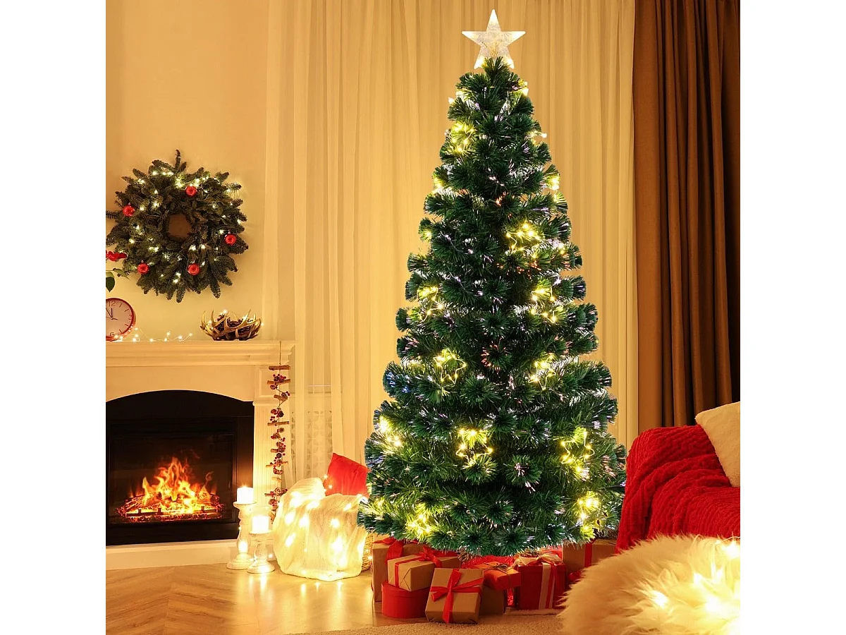 Sapin de Noël Artificiel à Fibre Optique de 180cm Guirlande Lumineuse 36 Lumières Blanches Chaudes 230 Pointes de Branches Etoile