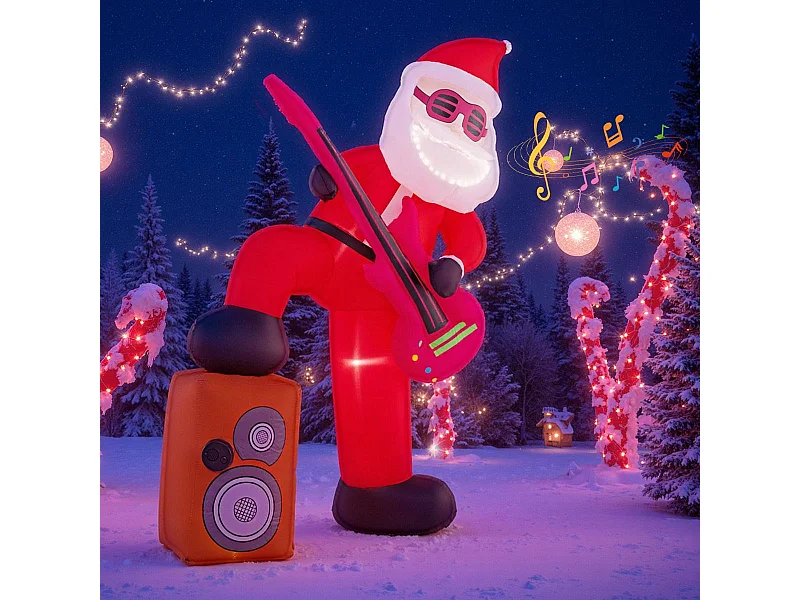 Père Noël Gonflable de Noël Père Noël Animé Pré-éclairé Jouant Guitare avec Musique Effet Chant Synchronisé au Son Volume Multicolore