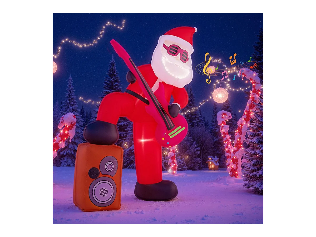 Père Noël Gonflable de Noël Père Noël Animé Pré-éclairé Jouant Guitare avec Musique Effet Chant Synchronisé au Son Volume Multicolore