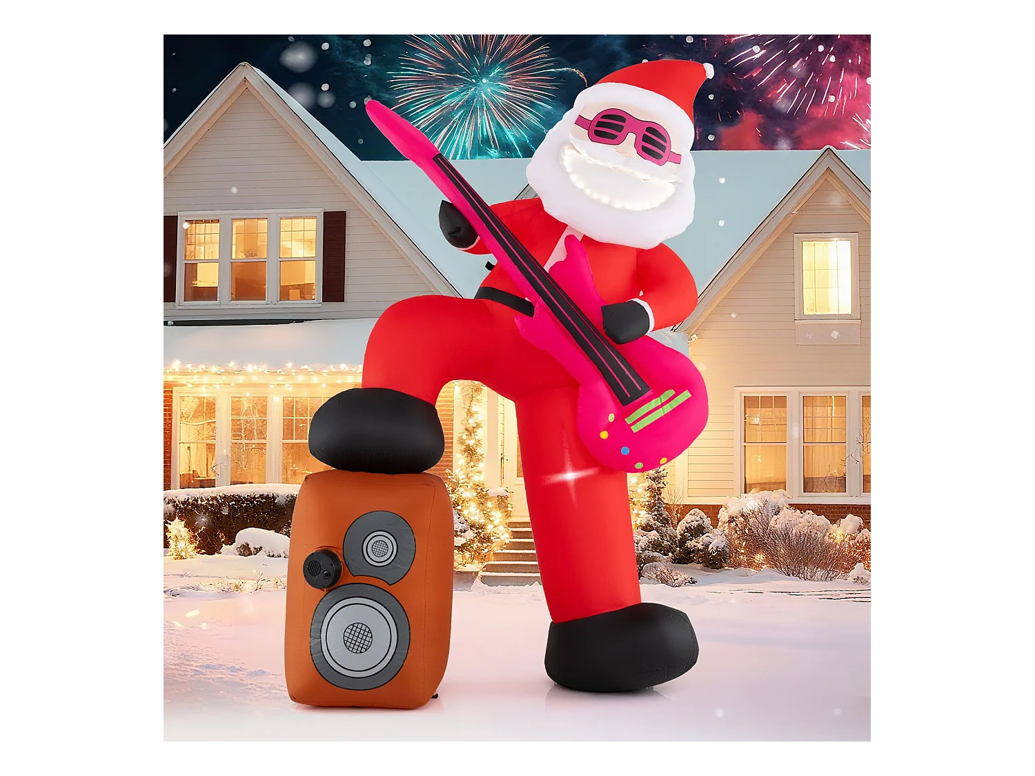 Père Noël Gonflable de Noël Père Noël Animé Pré-éclairé Jouant Guitare avec Musique Effet Chant Synchronisé au Son Volume Multicolore