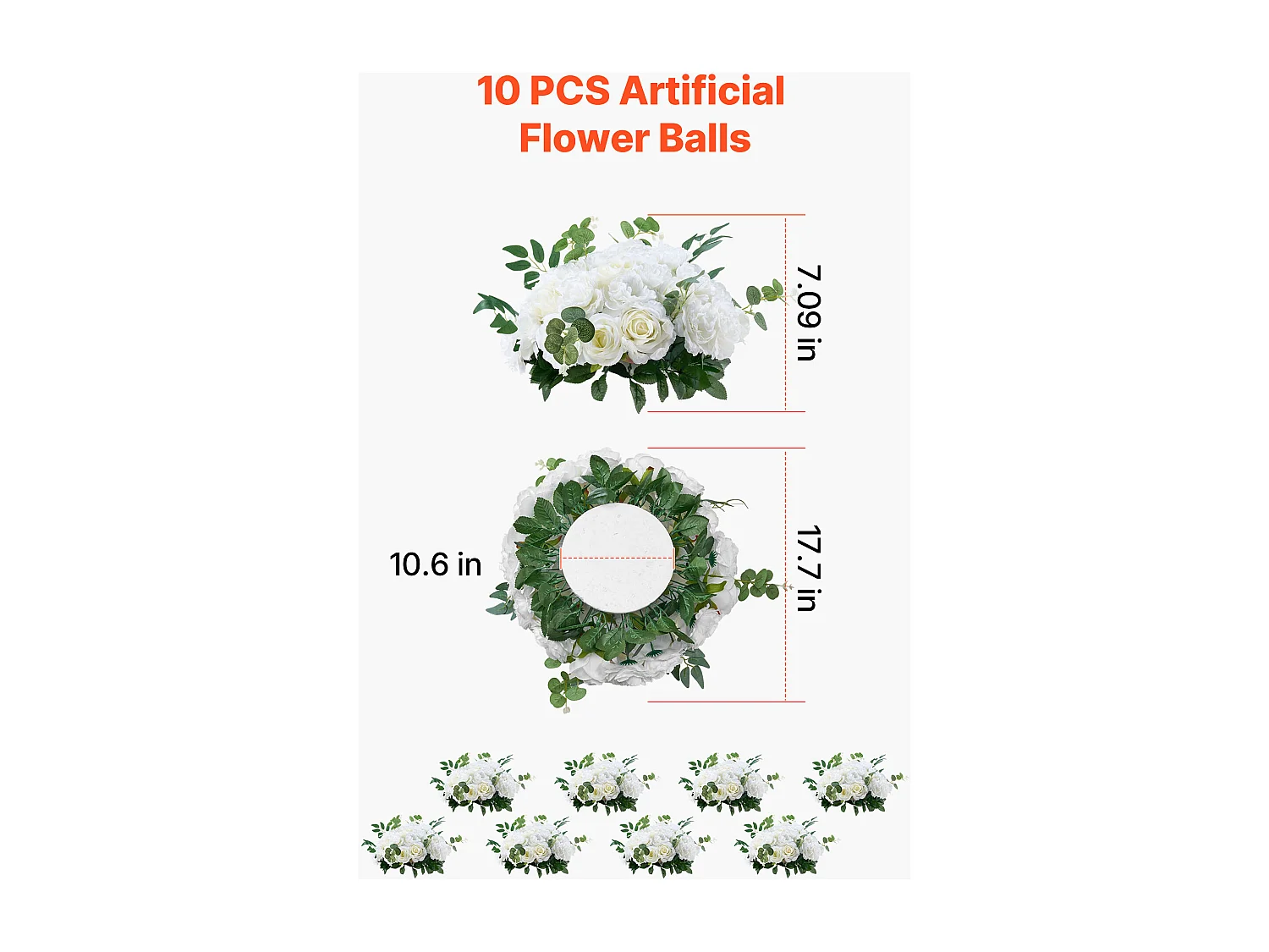 Boules de Fleurs SucceBuy Artificielles, Lot de 10, 45 cm, Compositions de Roses Blanches Artificielles, Fausses Fleurs Décoratives pour Centres de Table