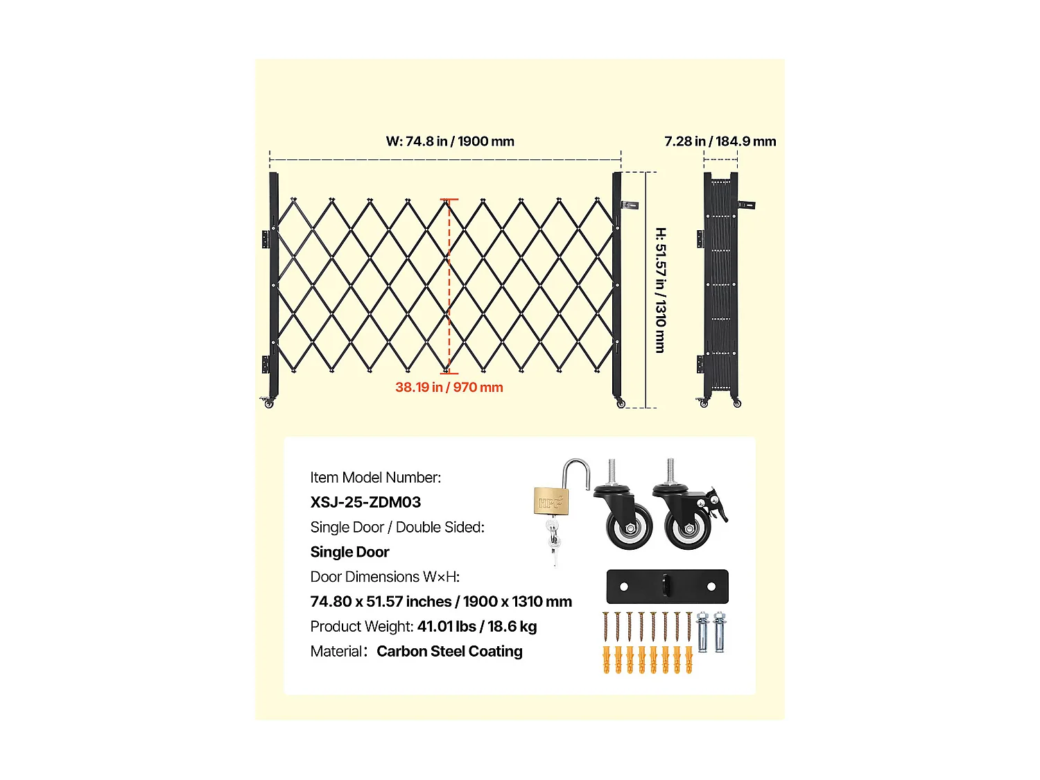 Barierka Bezpieczeństwa SucceBuy Rozsuwana 190 x 131 cm, Pojedyncza Brama Nożycowa, Zamykana i Chowana, ze Solidnej Stali, do Wejścia, Garażu