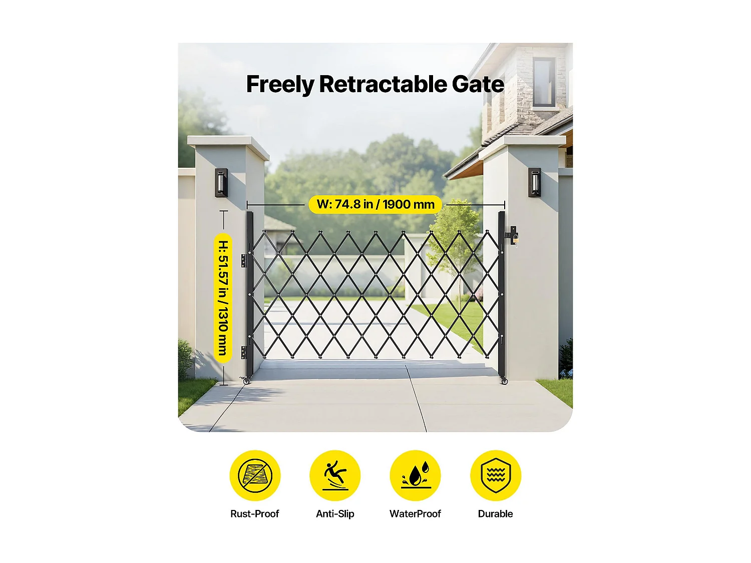 Barierka Bezpieczeństwa SucceBuy Rozsuwana 190 x 131 cm, Pojedyncza Brama Nożycowa, Zamykana i Chowana, ze Solidnej Stali, do Wejścia, Garażu