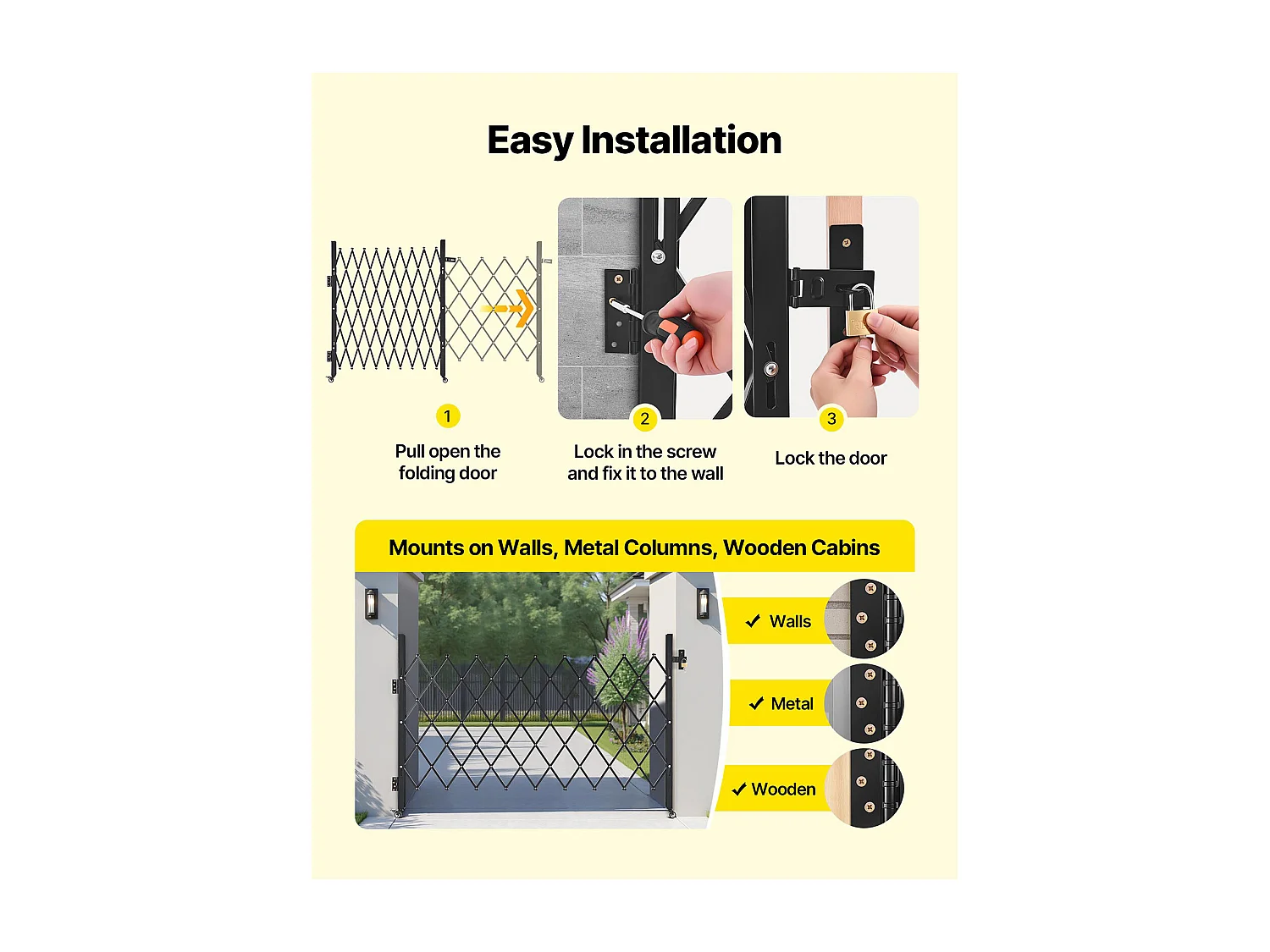 Barierka Bezpieczeństwa SucceBuy Rozsuwana 190 x 131 cm, Pojedyncza Brama Nożycowa, Zamykana i Chowana, ze Solidnej Stali, do Wejścia, Garażu