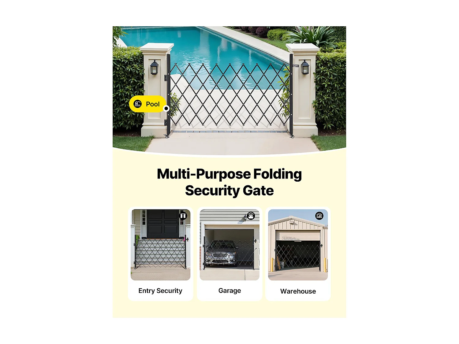 Barierka Bezpieczeństwa SucceBuy Rozsuwana 190 x 131 cm, Pojedyncza Brama Nożycowa, Zamykana i Chowana, ze Solidnej Stali, do Wejścia, Garażu