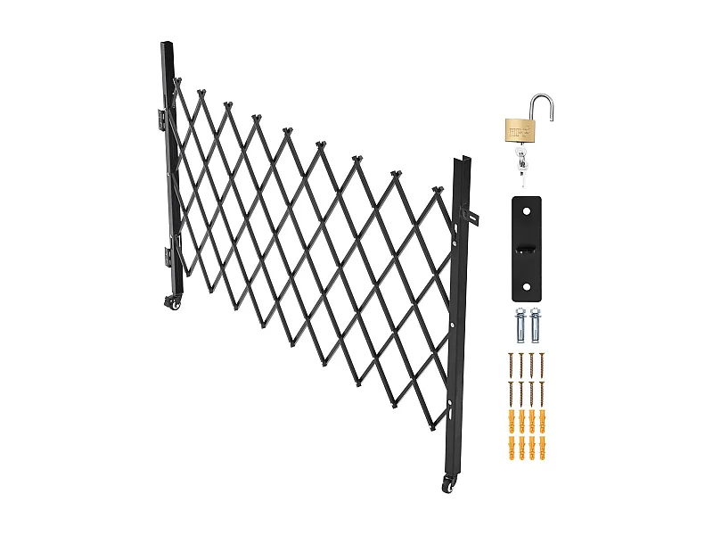 Barierka Bezpieczeństwa SucceBuy Rozsuwana 190 x 131 cm, Pojedyncza Brama Nożycowa, Zamykana i Chowana, ze Solidnej Stali, do Wejścia, Garażu