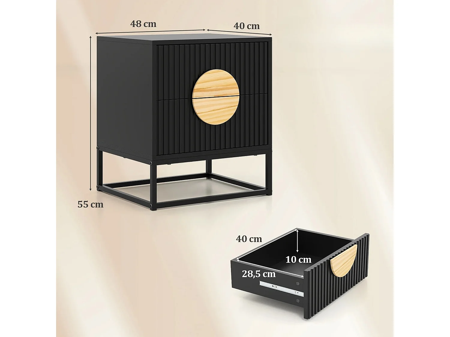 Tavolino con 2 cassetti e struttura in metallo, Piccolo comodino per soggiorno e camera da letto Nero