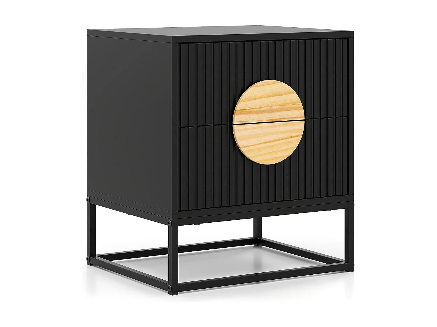 Tavolino con 2 cassetti e struttura in metallo, Piccolo comodino per soggiorno e camera da letto Nero