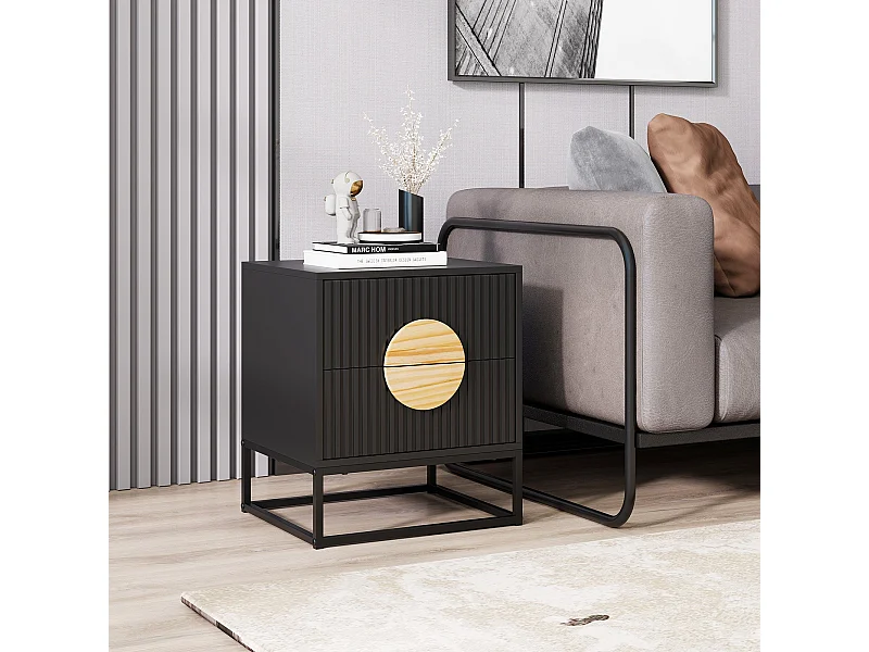 Gerillter Nachttisch Beistelltisch mit 2 Schubladen Kiefernholzgriffen & Metallrahmen Moderner Mid-Century Beistelltisch Schwarz