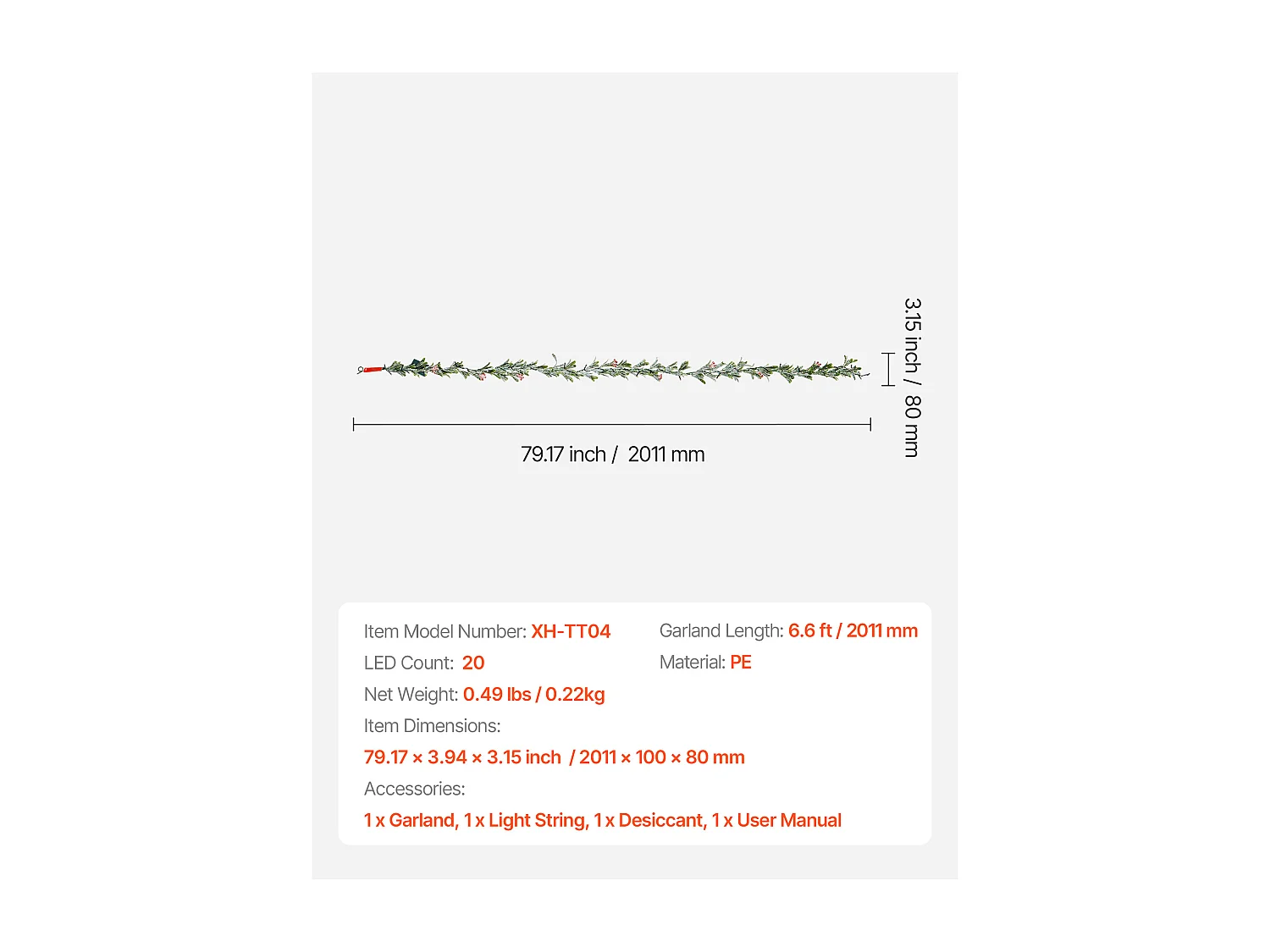 Guirlande de Noël SucceBuy, 2 m, Guirlande de Feuilles d'Olivier Artificiel Lumineuse, Décoration de Noël Verte, avec Baies Rouges, pour Manteau de Cheminées