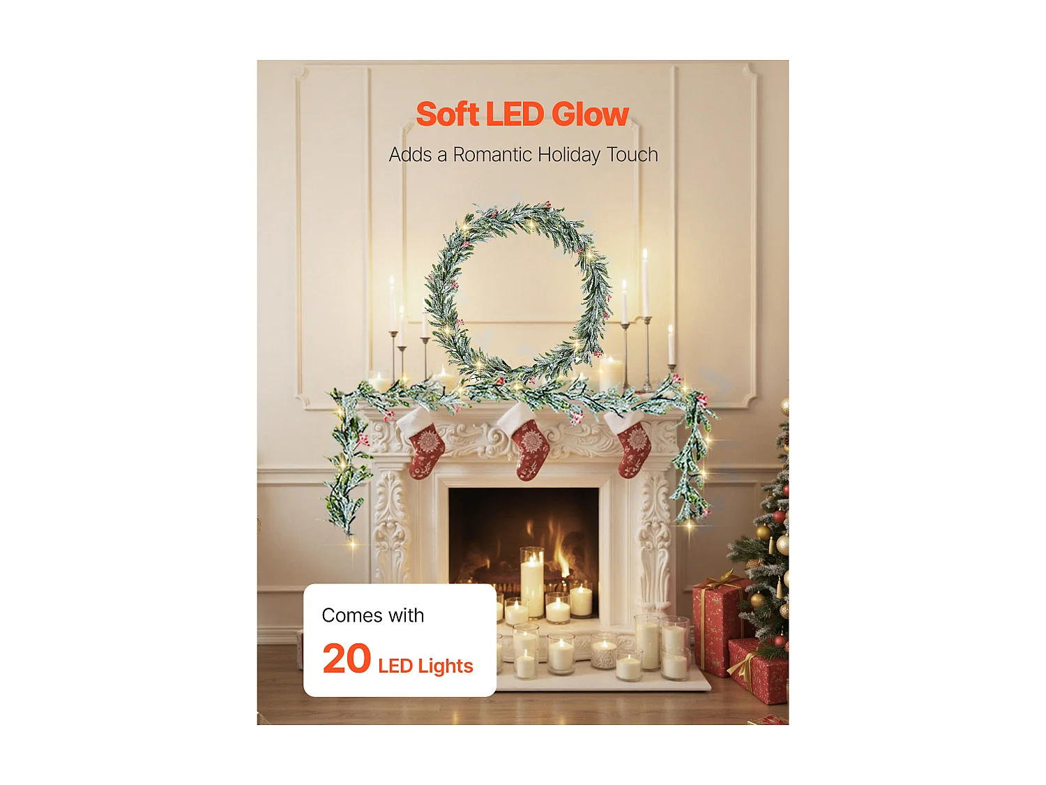 Guirlande de Noël SucceBuy, 2 m, Guirlande de Feuilles d'Olivier Artificiel Lumineuse, Décoration de Noël Verte, avec Baies Rouges, pour Manteau de Cheminées