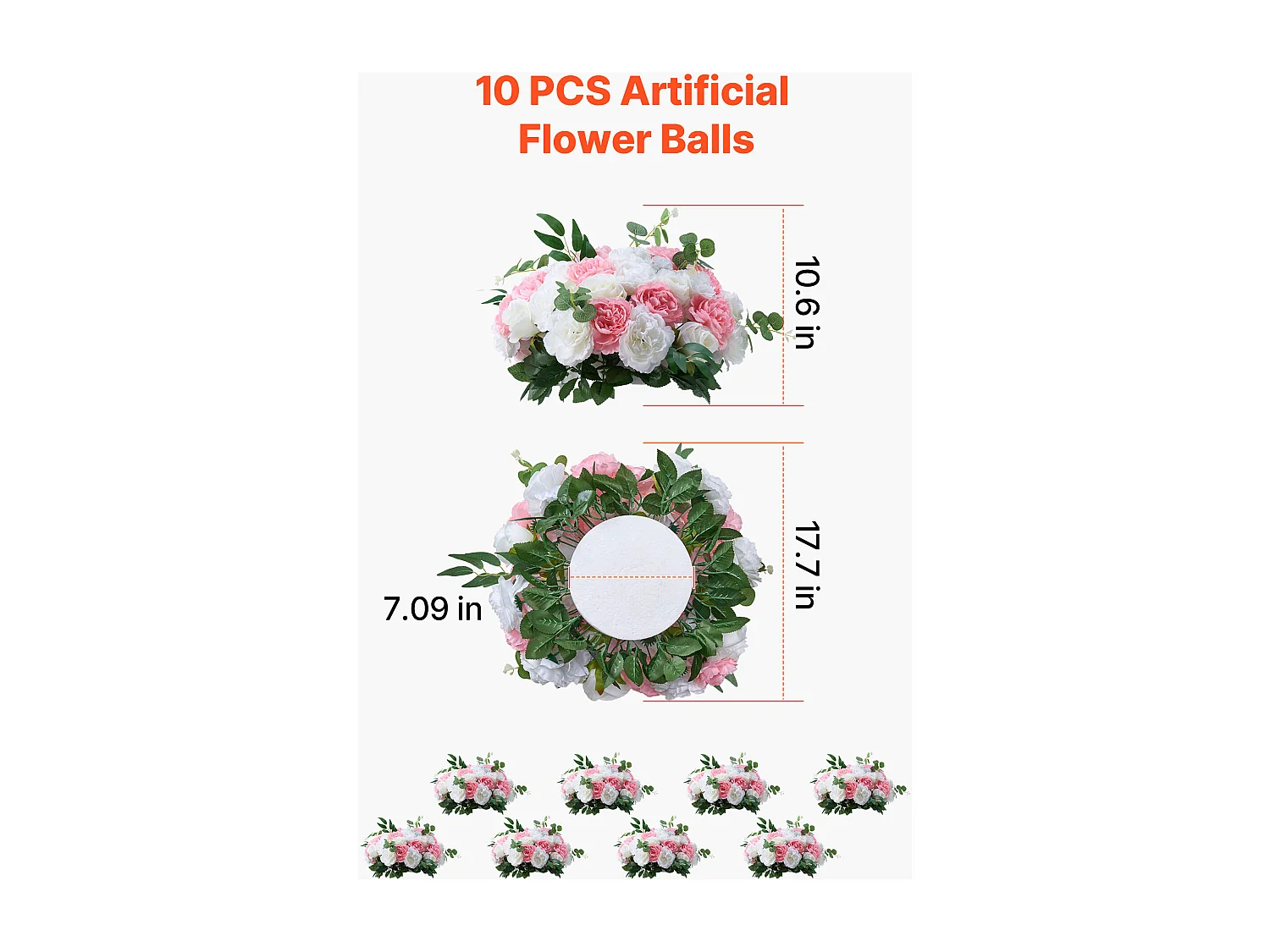 Boules de Fleurs Artificielles SucceBuy, Lot de 10, Diamètre 45 cm, Compositions Roses Artificielles pour Centres de Table, Mariages, Saint-Valentin