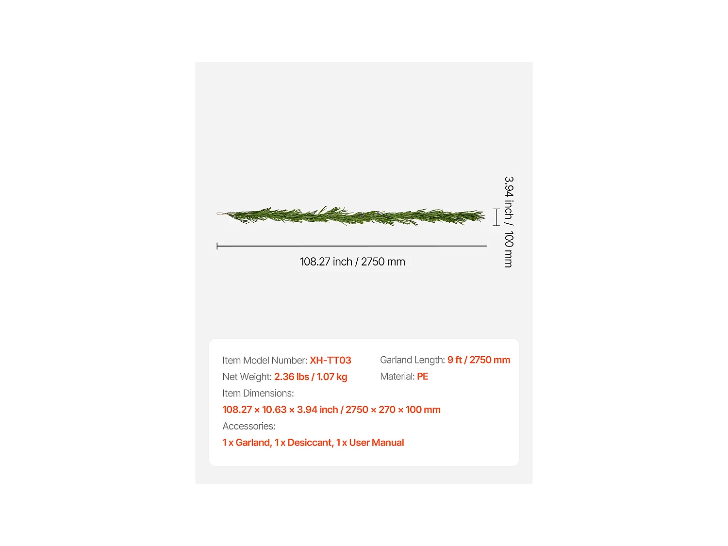 Ghirlanda di Natale SucceBuy, 2,7 m, Ghirlanda di Pino Norfolk Artificiale, Decorazione Natalizia Verde, per Interno, Esterno, su Tavolo, Mensola del Camino