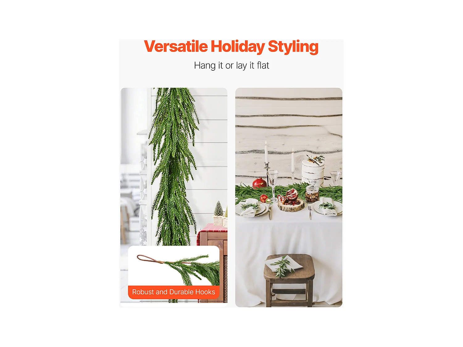 Ghirlanda di Natale SucceBuy, 2,7 m, Ghirlanda di Pino Norfolk Artificiale, Decorazione Natalizia Verde, per Interno, Esterno, su Tavolo, Mensola del Camino