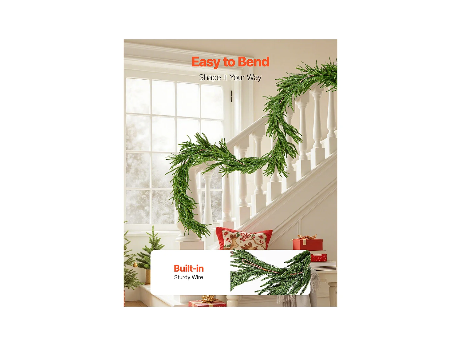 Ghirlanda di Natale SucceBuy, 2,7 m, Ghirlanda di Pino Norfolk Artificiale, Decorazione Natalizia Verde, per Interno, Esterno, su Tavolo, Mensola del Camino