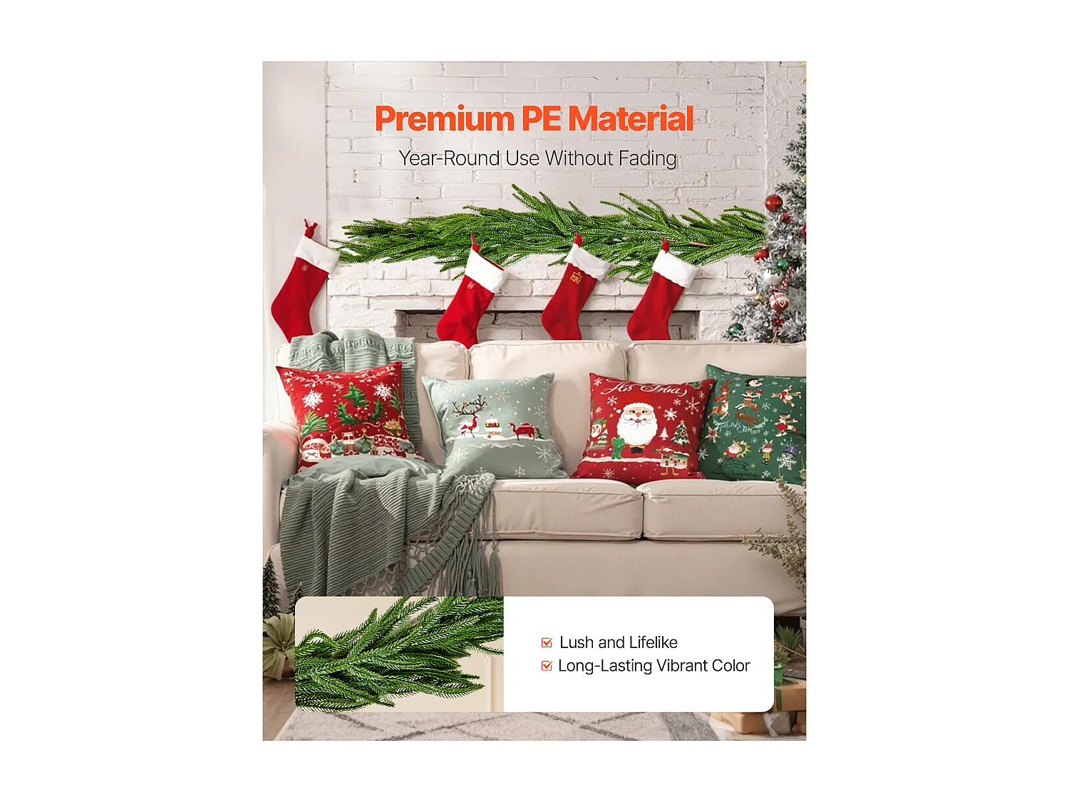 Kerstkrans SucceBuy, 2,7 m, Kunstmatige Norfolk Dennekrans, Groene Kerstdecoratie, voor Binnen, Buiten, op Tafel, Schoorsteenmantel