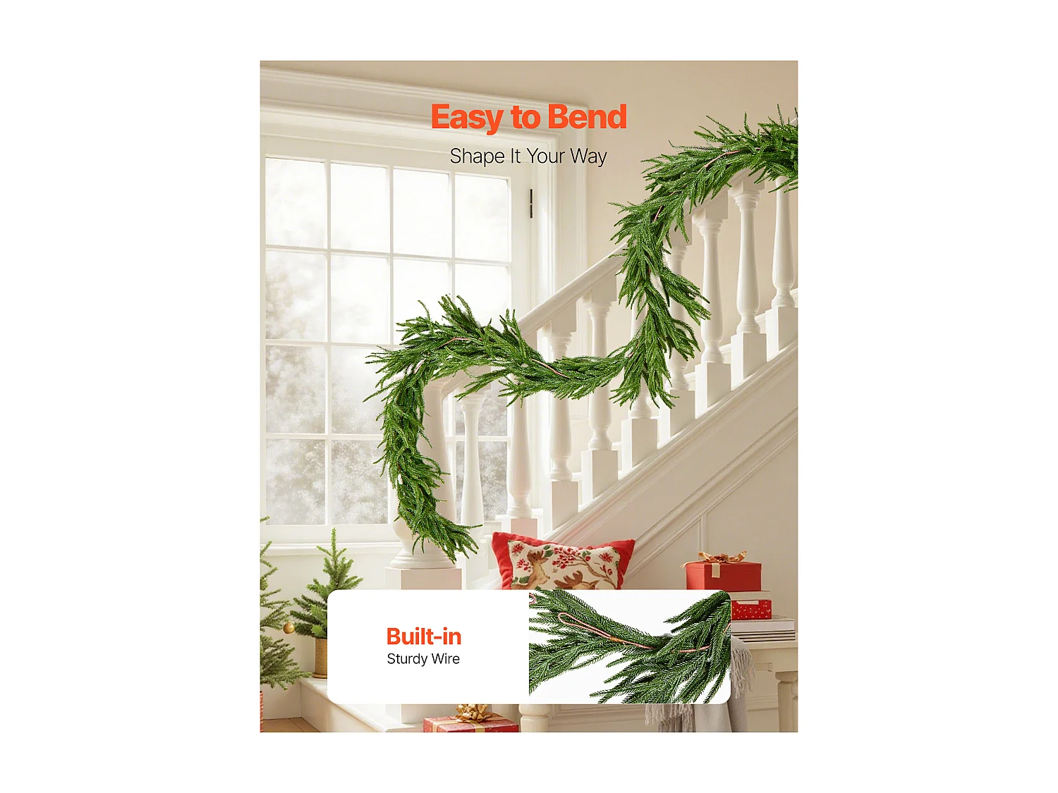 Kerstkrans SucceBuy, 2,7 m, Kunstmatige Norfolk Dennekrans, Groene Kerstdecoratie, voor Binnen, Buiten, op Tafel, Schoorsteenmantel