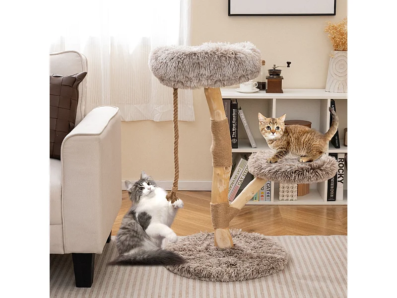90 cm Kratzbaum Holz Katzenbaum mit 3 Plüschsitzflächen Seil & Kratzpfosten aus Jute Katzenturm Katzenmöbel Massivholz Braun+Natur