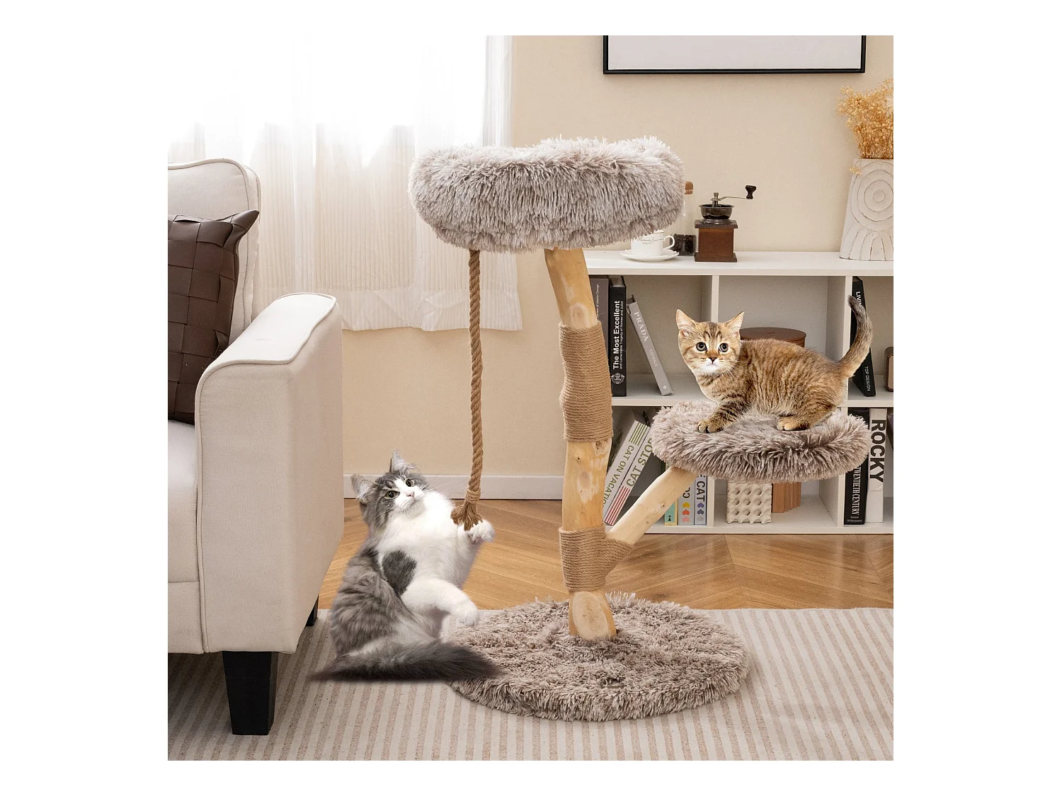 90 cm Arbre à chat en bois Arbre à chat avec 3 sièges en peluche Corde & poteau griffoir en jute Tour pour chats Meubles pour chats en bois massif Brun+Naturel