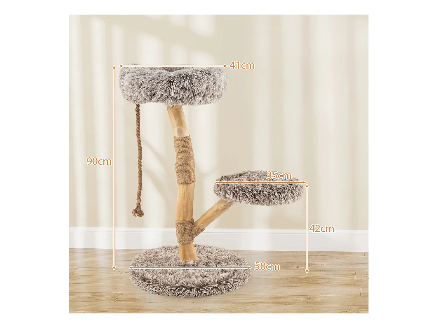 90 cm Arbre à chat en bois Arbre à chat avec 3 sièges en peluche Corde & poteau griffoir en jute Tour pour chats Meubles pour chats en bois massif Brun+Naturel