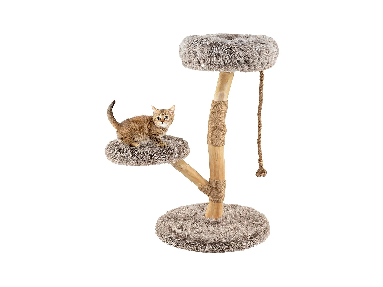 90 cm Arbre à chat en bois Arbre à chat avec 3 sièges en peluche Corde & poteau griffoir en jute Tour pour chats Meubles pour chats en bois massif Brun+Naturel