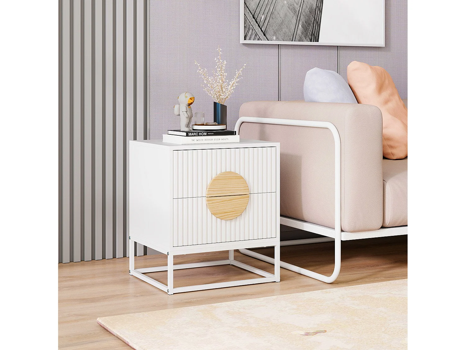Tavolino con 2 cassetti e struttura in metallo, Piccolo comodino per soggiorno e camera da letto Bianco