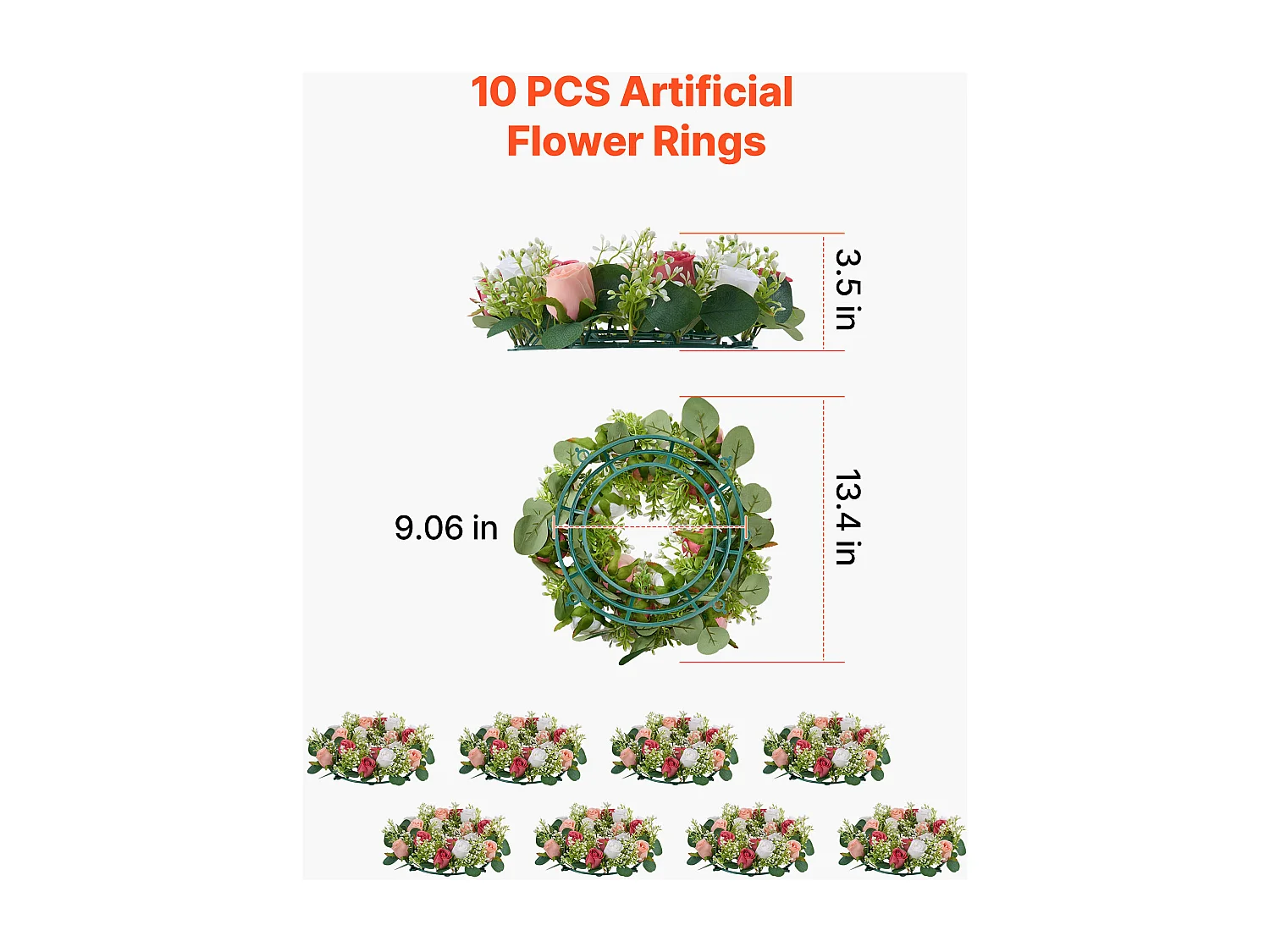 Couronne de Roses SucceBuy Artificielles, Lot de 10, 34 cm, Compositions de Roses en Rose et Blanc Artificielles, Fausses Fleurs pour Centres de Table