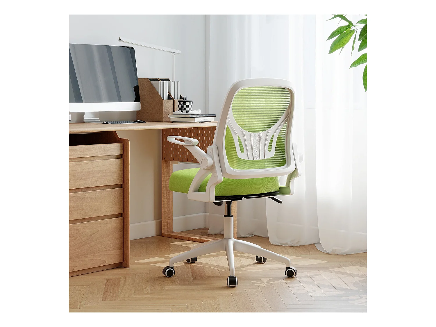 Chaise de Bureau Ergonomique en Résille avec Soutien Lombaire et Accoudoirs Relevables Conception Pivotante et Réglable en Hauteur Vert