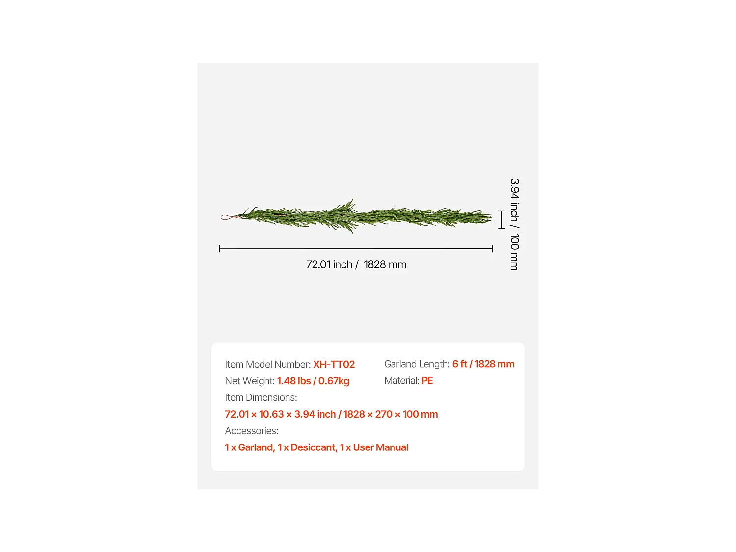 Ghirlanda di Natale SucceBuy, 1,8 m, Ghirlanda di Pino Norfolk Artificiale, Decorazione Natalizia Verde, per Interno, Esterno, su Tavolo, Mensola del Camino