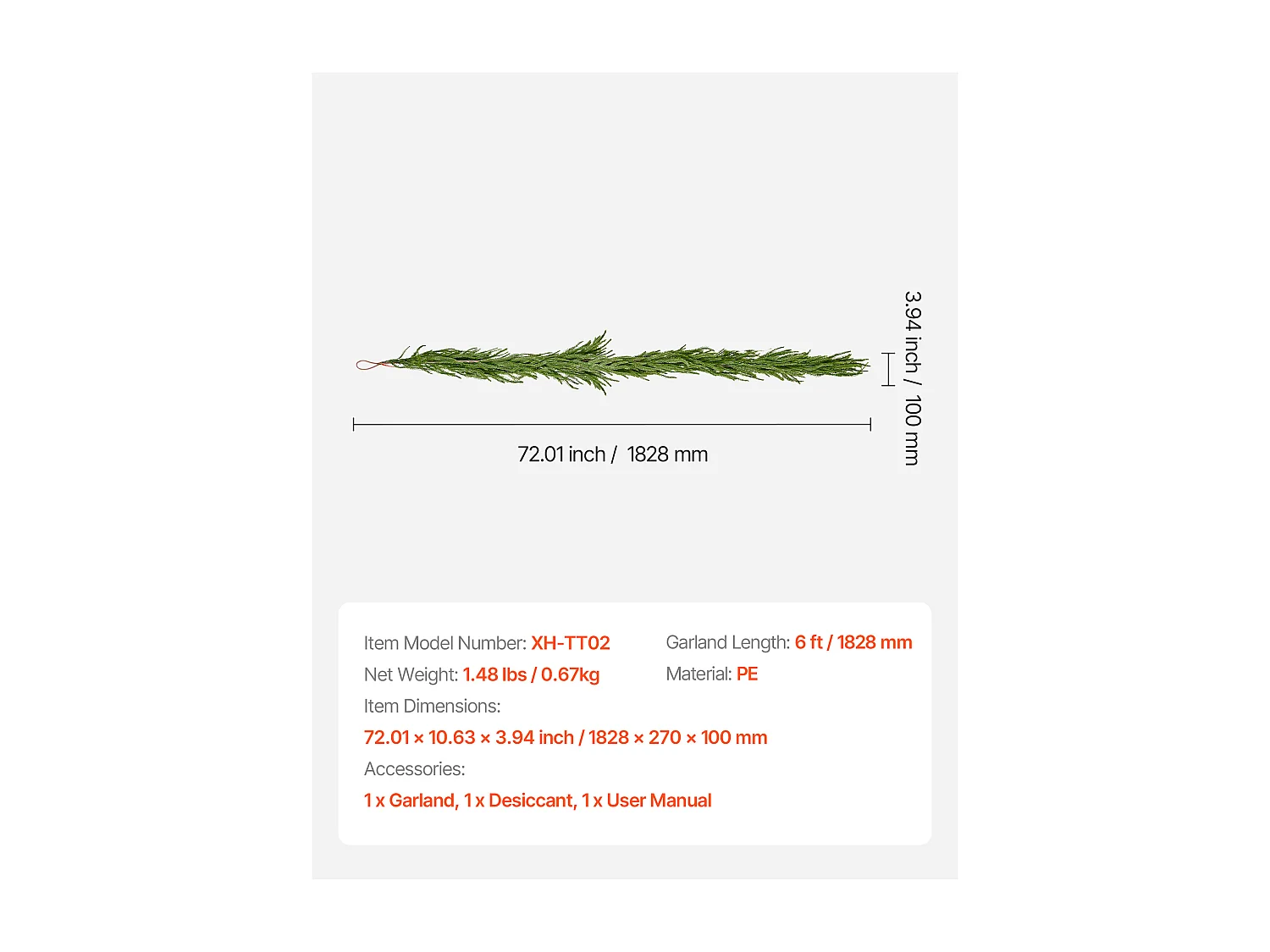Kerstkrans SucceBuy, 1,8 m, Kunstmatige Norfolk Dennekrans, Groene Kerstdecoratie, voor Binnen, Buiten, op Tafel, Schoorsteenmantel