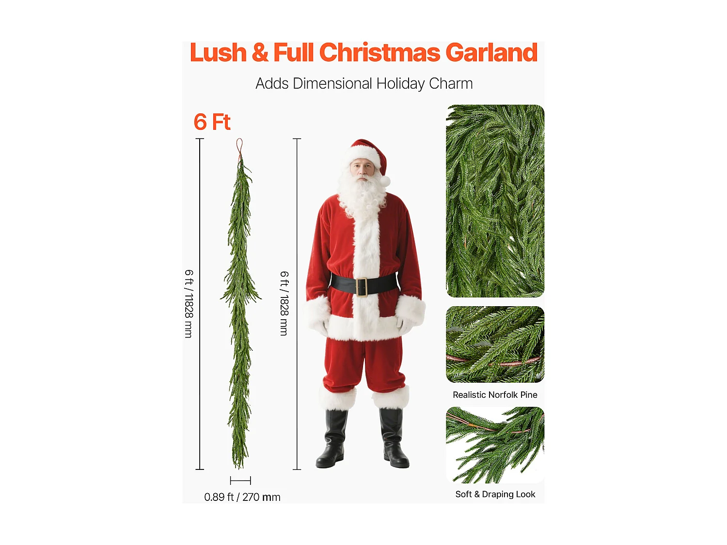 Kerstkrans SucceBuy, 1,8 m, Kunstmatige Norfolk Dennekrans, Groene Kerstdecoratie, voor Binnen, Buiten, op Tafel, Schoorsteenmantel